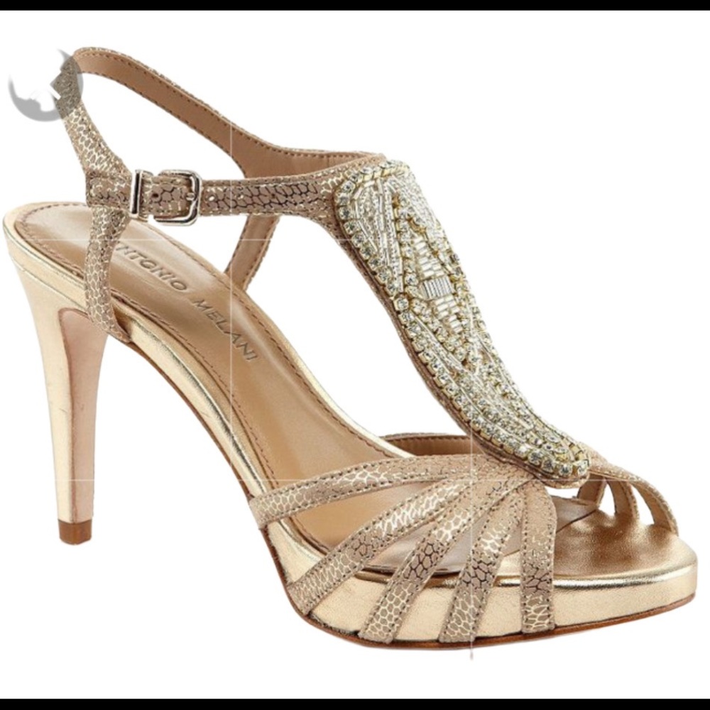Antonio Melani Nadelle Jeweled Rhinestone Gold Sandals Heels